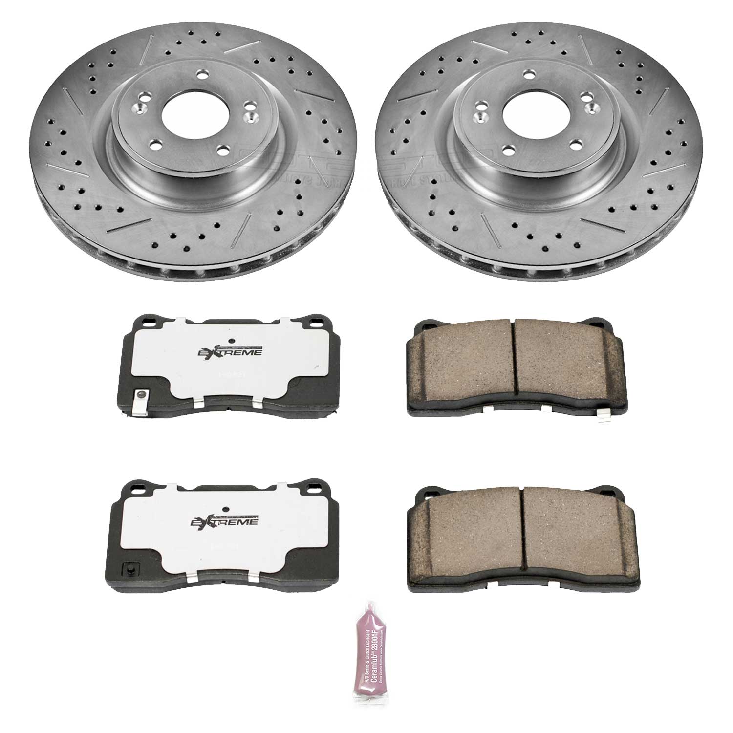 PowerStop Z26 Street Warrior Front Brake Kit - 4-Pc, Carbon-Fiber Ceramic, Drilled & Slotted Rotors