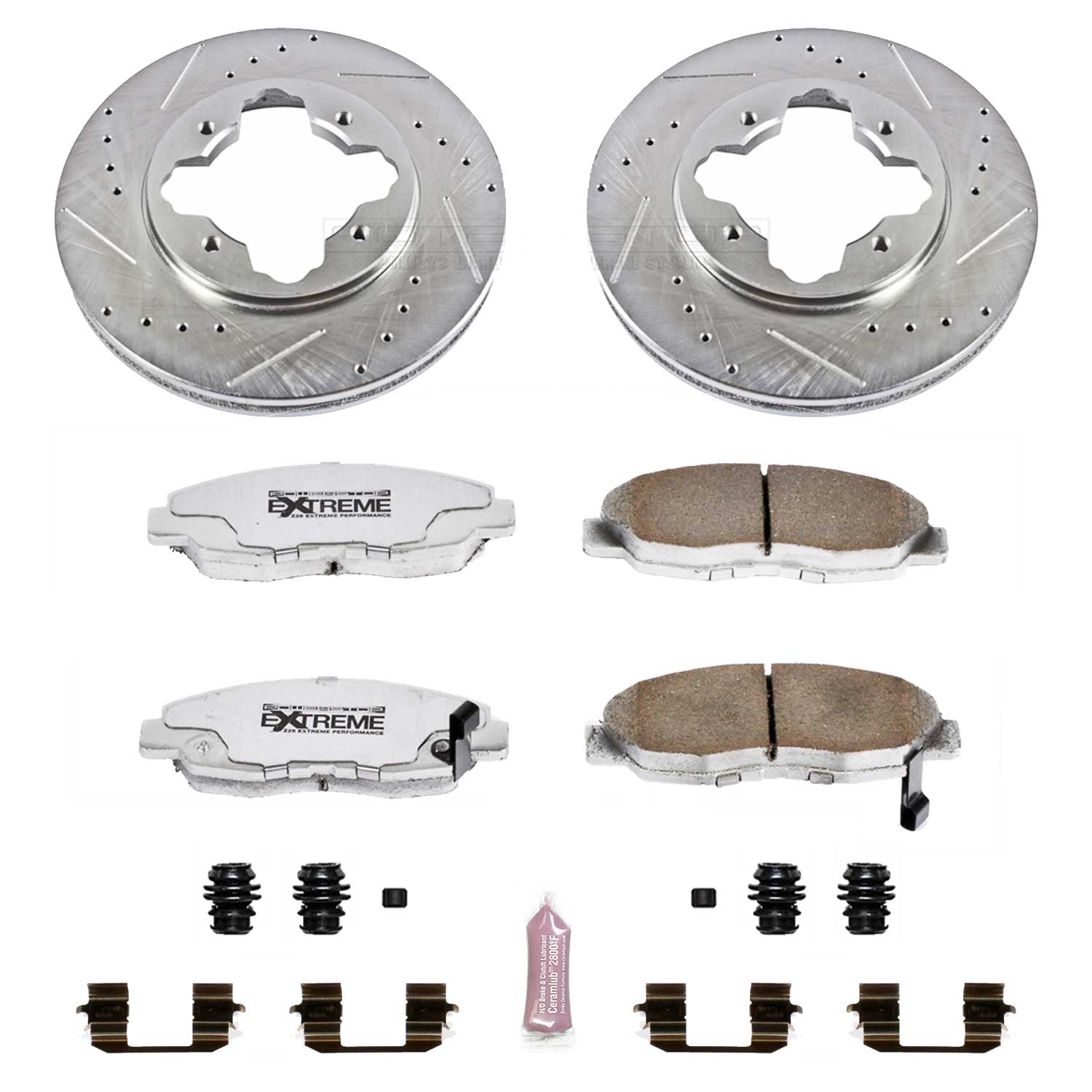 PowerStop Z26 Street Warrior Front Brake Kit - 4-Pc, Carbon-Fiber Ceramic, Drilled & Slotted Rotors